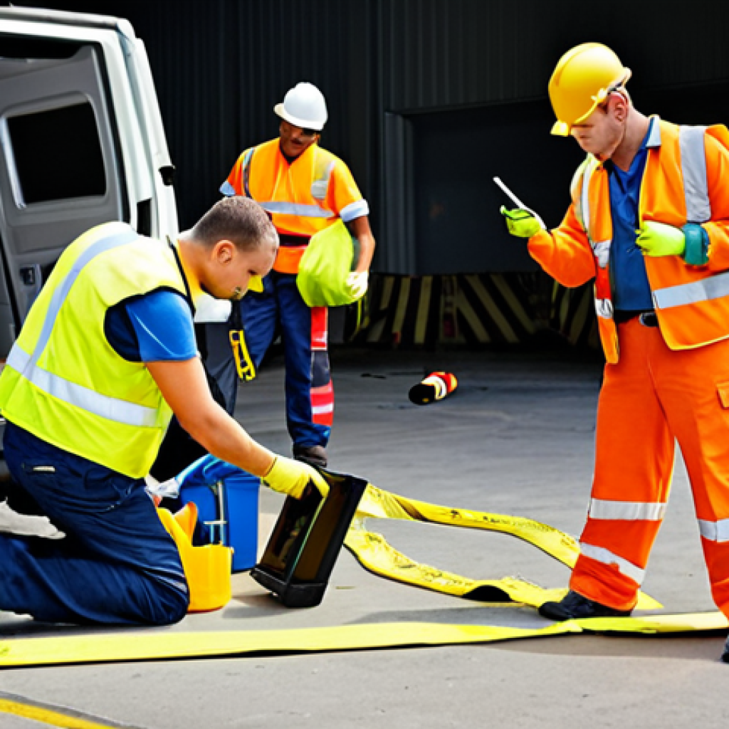 Accident Investigation Team Assembling**

Prompt: Factory setting, a team of people wearing safety vests gathering around an accident site, one taking photos, another measuring distances, caution tape in place, toolbox visible. Focus on preparation and teamwork.

**