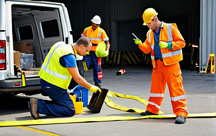 Accident Investigation Team Assembling**

Prompt: Factory setting, a team of people wearing safety vests gathering around an accident site, one taking photos, another measuring distances, caution tape in place, toolbox visible. Focus on preparation and teamwork.

**